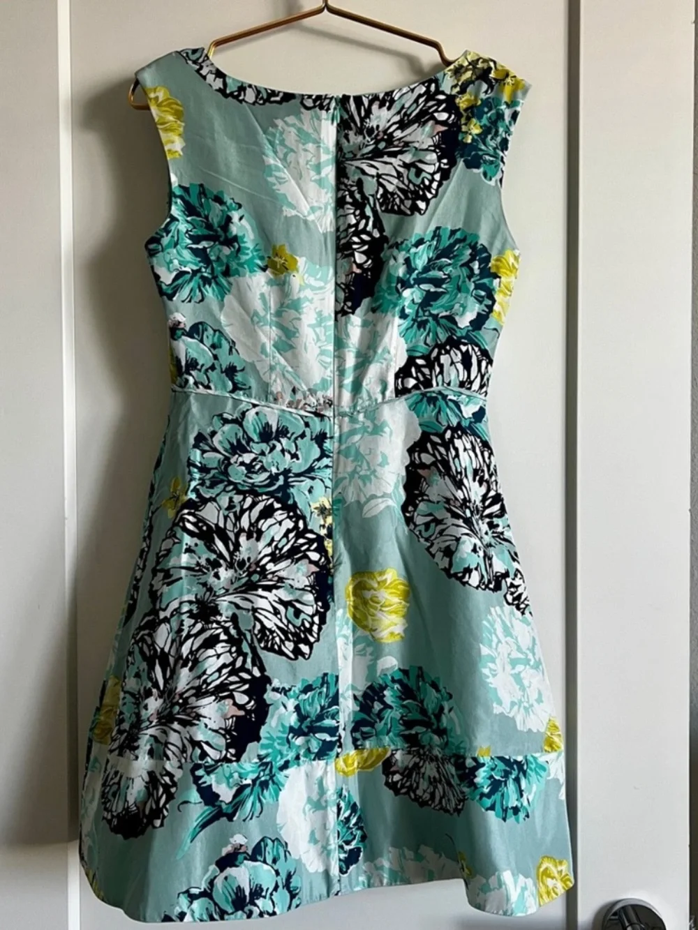 J.Crew 100% Silk Watercolor Floral A-Line Dress Blue Teal Yellow Sleeveless Sz 4